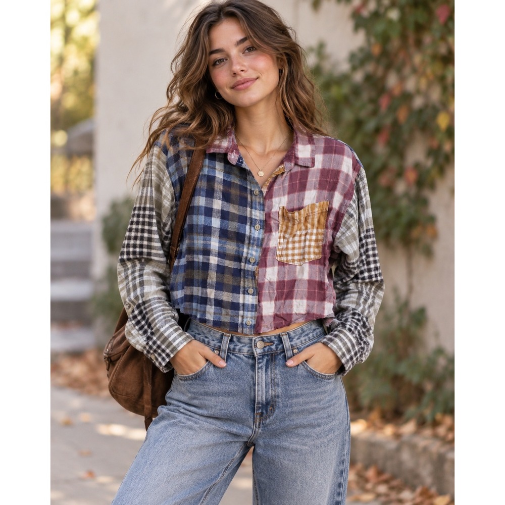 American Eagle Patchwork Plaid Cropped Flannel Shirt Y2K Indie Grunge Small Boho